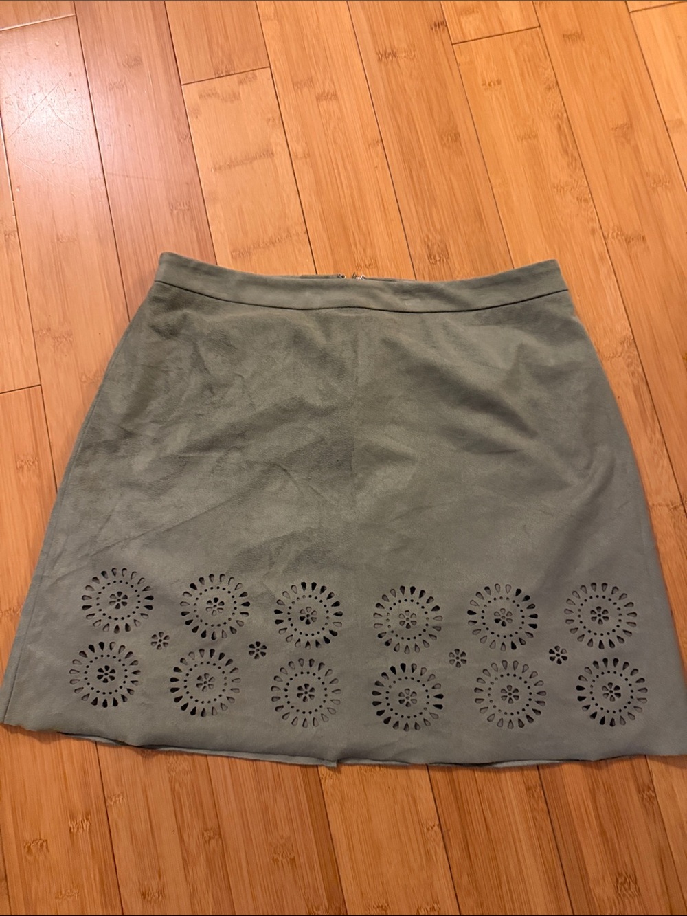 Vince Camuto Sage Green Suede A-Line Skirt with Laser-Cut Hem